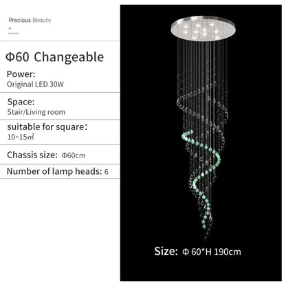A modern DecorBites crystal chandelier with a metallic frame and cascading clear and light green crystals in spiral design
