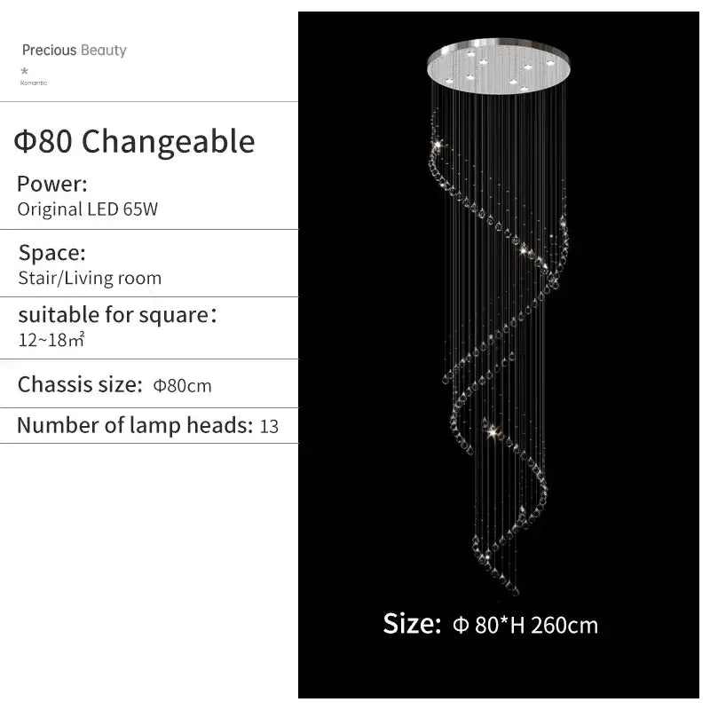 A decorbites crystal chandelier with a silver-toned top and clear crystal spiral strands for high ceilings