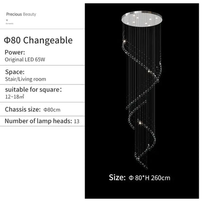 A decorbites crystal chandelier with a silver-toned top and clear crystal spiral strands for high ceilings