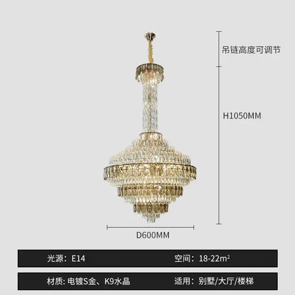 DecorBites crystal chandelier with gold-plated frame and clear k9 crystals for high-end designer duplex living room