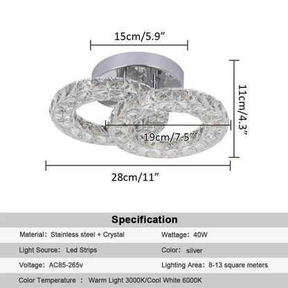 Silver decorbites crystal chandelier ceiling light fixture with two interlocking crystal rings and stainless steel base