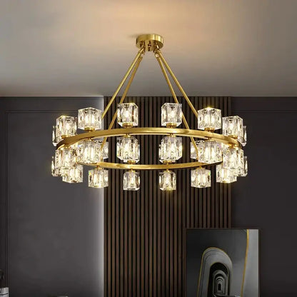 Gold-toned decorbites crystal chandelier with multiple cube pendants for living and dining room lighting