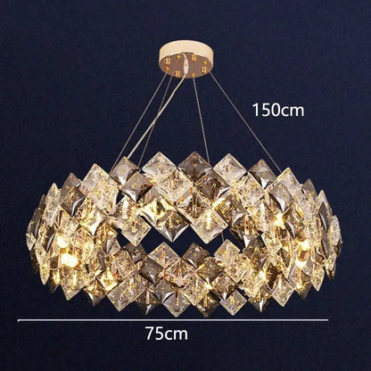 Luxurious gold-toned decorbites crystal chandelier with circular tiers of faceted glass for living and dining rooms