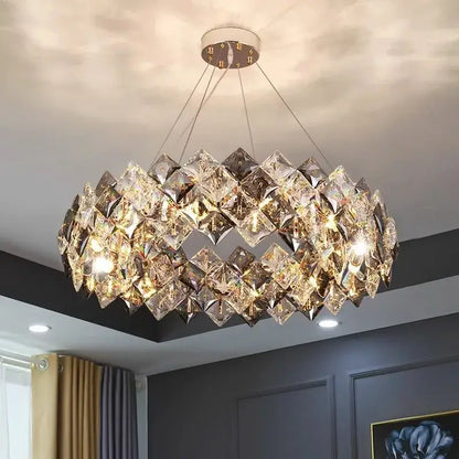 DecorBites crystal chandelier with faceted crystals and warm golden lighting for living and dining rooms