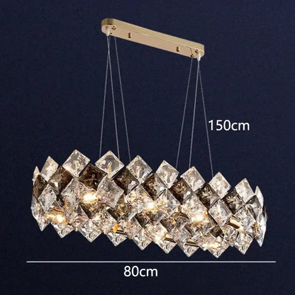 DecorBites crystal chandelier with oval gold metal frame and faceted crystal squares for living and dining rooms