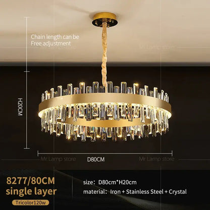 Gold-toned decorbites crystal chandelier with cascading crystal rods and twisted rope chain for living room lighting