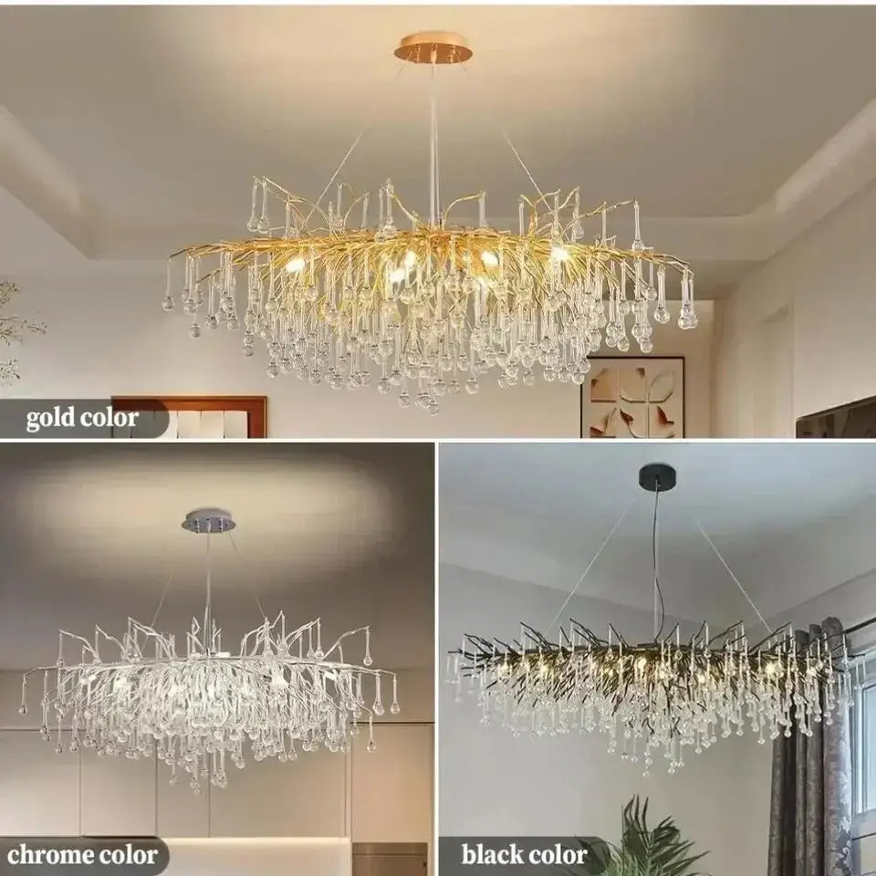 Elegant DecorBites™ crystal chandelier with gold, chrome, or black metal frame and cascading crystal droplets for living room lamp package