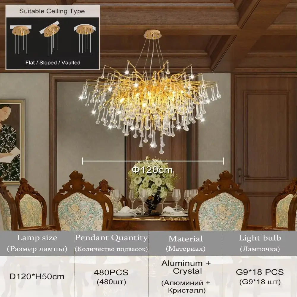 DecorBites crystal chandelier with intricate crystal droplets and aluminum frame for living room lamp package