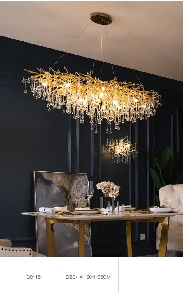 Golden branch-style crystal chandelier with dangling droplets for living room lamp package by DecorBites™