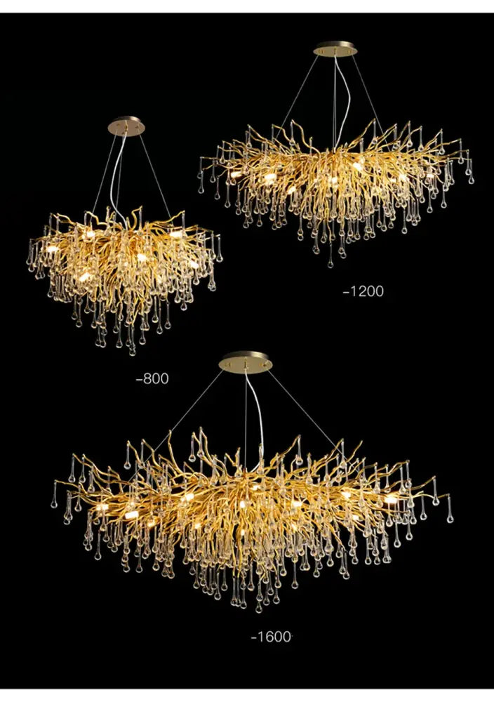 Golden decorbites crystal chandelier with branch-like design and crystal droplets warm led lamp package for living room
