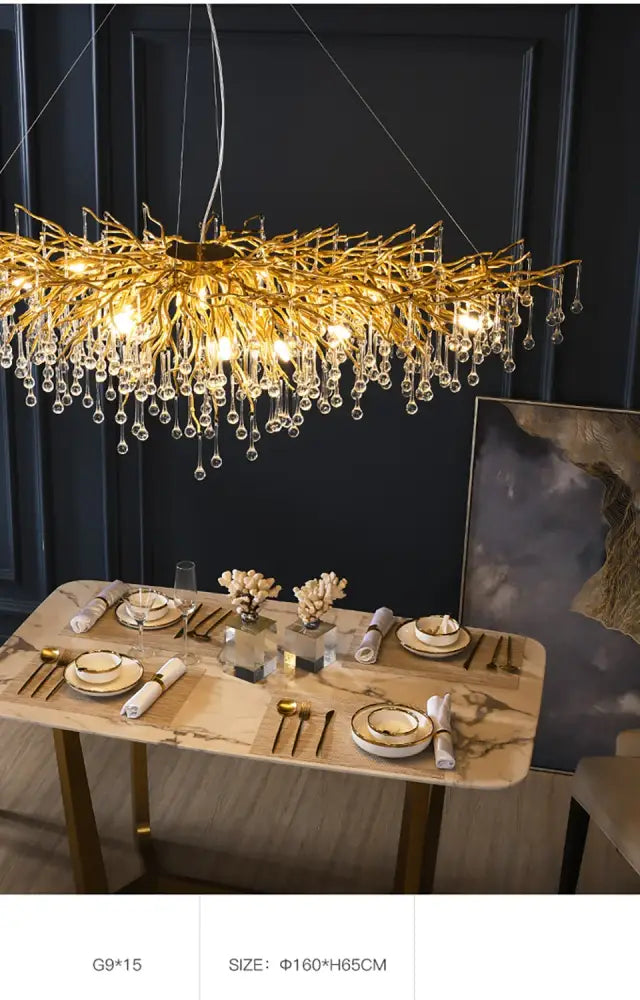 Golden branch style crystal chandelier with dangling crystal droplets for living room lamp package by DecorBites