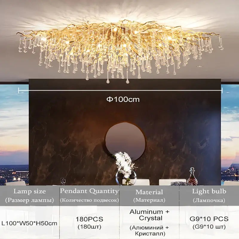Golden branch-style decorbites crystal chandelier with crystal droplets aluminum frame for living room lamp package