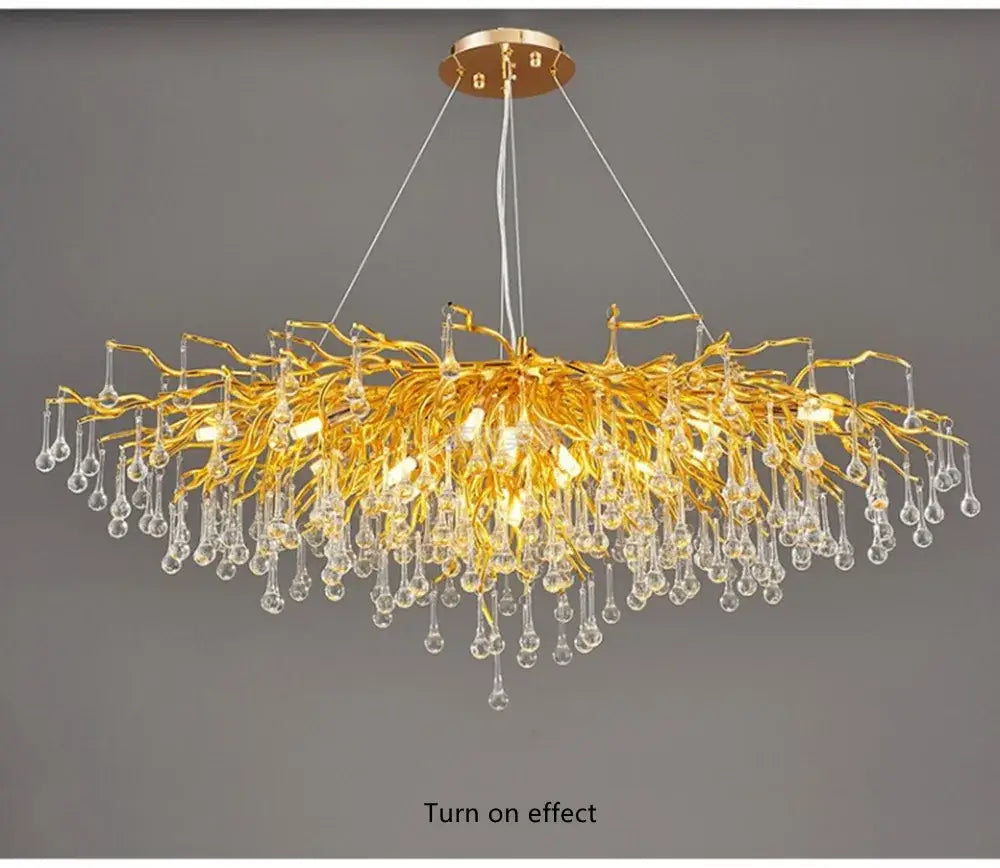 DecorBites™ crystal chandelier with golden branch design and crystal teardrop pendants for living room lamp package