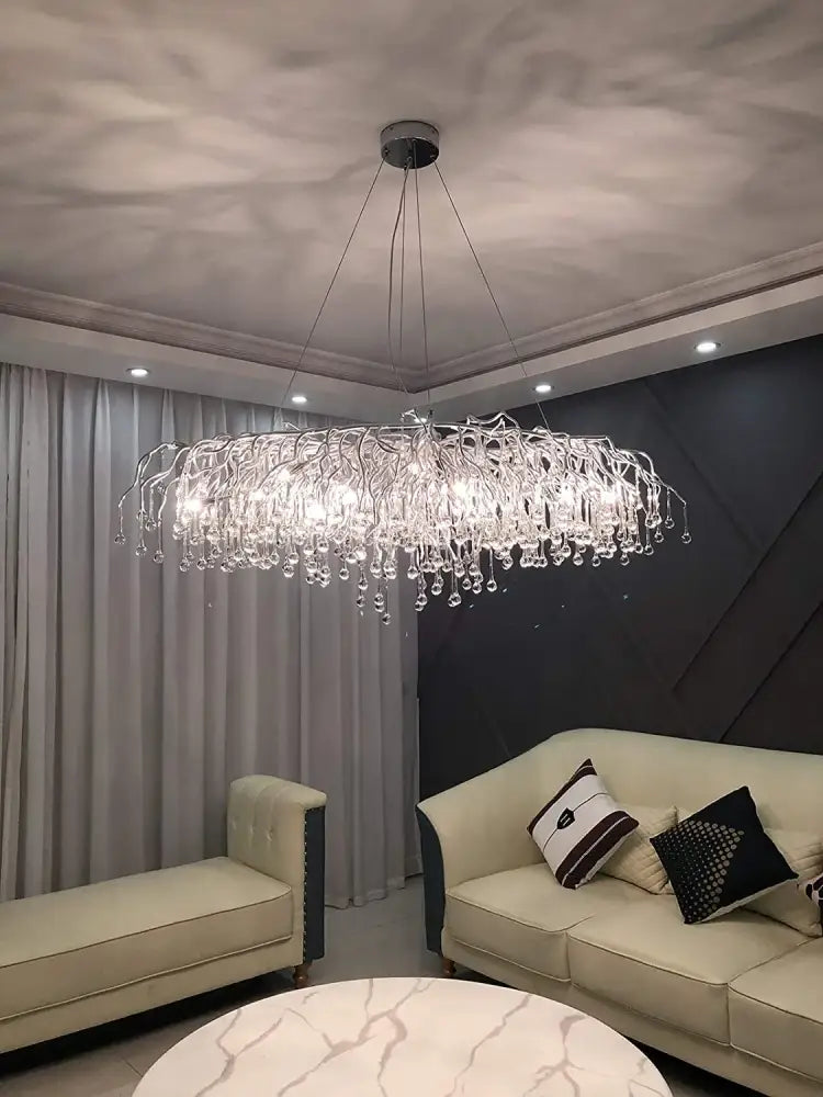 DecorBites™ crystal chandelier with silver metal frame and clear glass droplets for living room lamp package