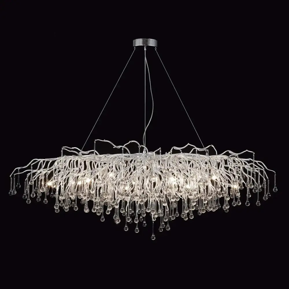 A modern silver crystal chandelier with clear glass droplets for living room in the DecorBites lamp package