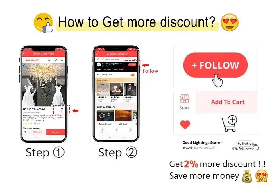 Red oval shaped follow button with white text and hand cursor icon for DecorBites crystal chandelier lamp package living room