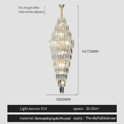 A tall elegant decorbites crystal chandelier with gold-plated finish and faceted k9 crystals for luxe decor