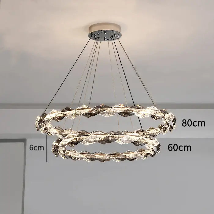 Modern decorbites crystal chandelier with double chrome rings and faceted crystals for luxury living spaces lighting