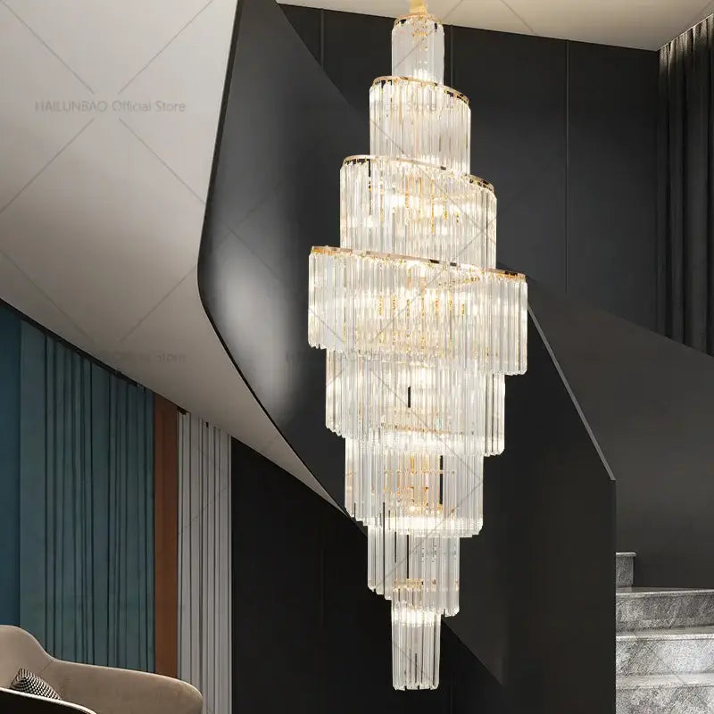 DecorBites crystal chandelier with cascading glass rods and gold accents for modern penthouse villa living room lighting