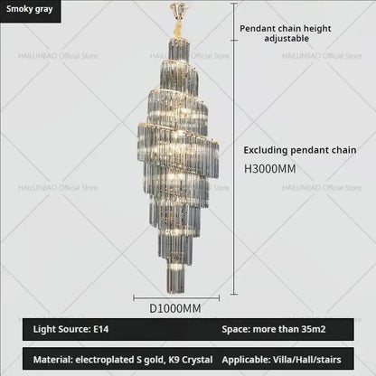 A multi-tiered smoky gray decorbites crystal chandelier with electroplated gold accents and k9 crystal elements for villa living room