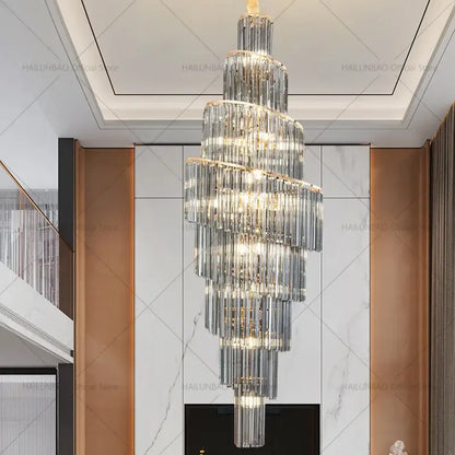 DecorBites crystal chandelier with multi-tiered spiral design and cascading clear crystal rods for penthouse villa living room
