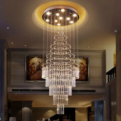 Decorbites crystal chandelier with cascading glass rods and embedded lights for staircase and living room lighting