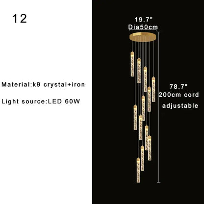 Gold-toned decorbites crystal chandelier with cascading crystal-encrusted cylinders for two-storey foyer and stairwell