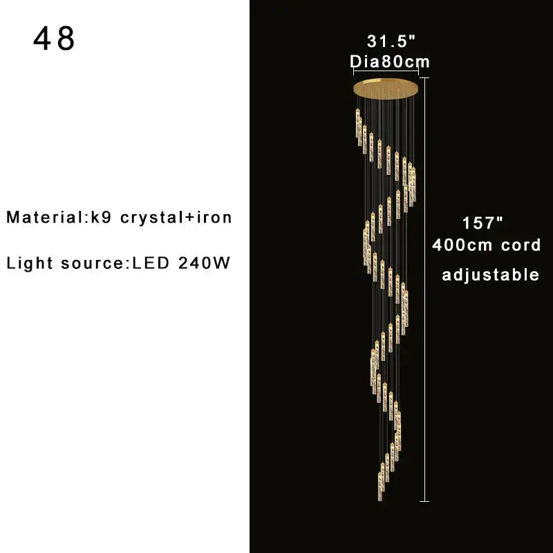 Elegant decorbites crystal chandelier spiral design with k9 crystal and gold iron for two-storey foyer lighting