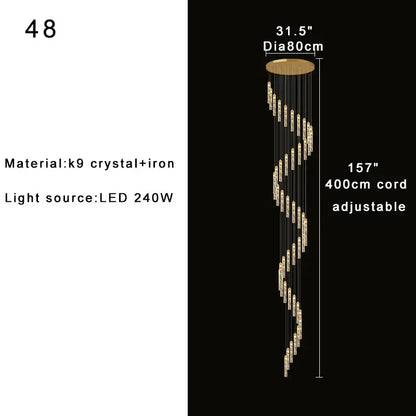 Elegant decorbites crystal chandelier spiral design with k9 crystal and gold iron for two-storey foyer lighting