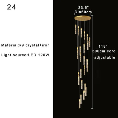Gold-toned decorbites crystal chandelier with cascading k9 crystal pendants for two-storey foyer and circular stairwell