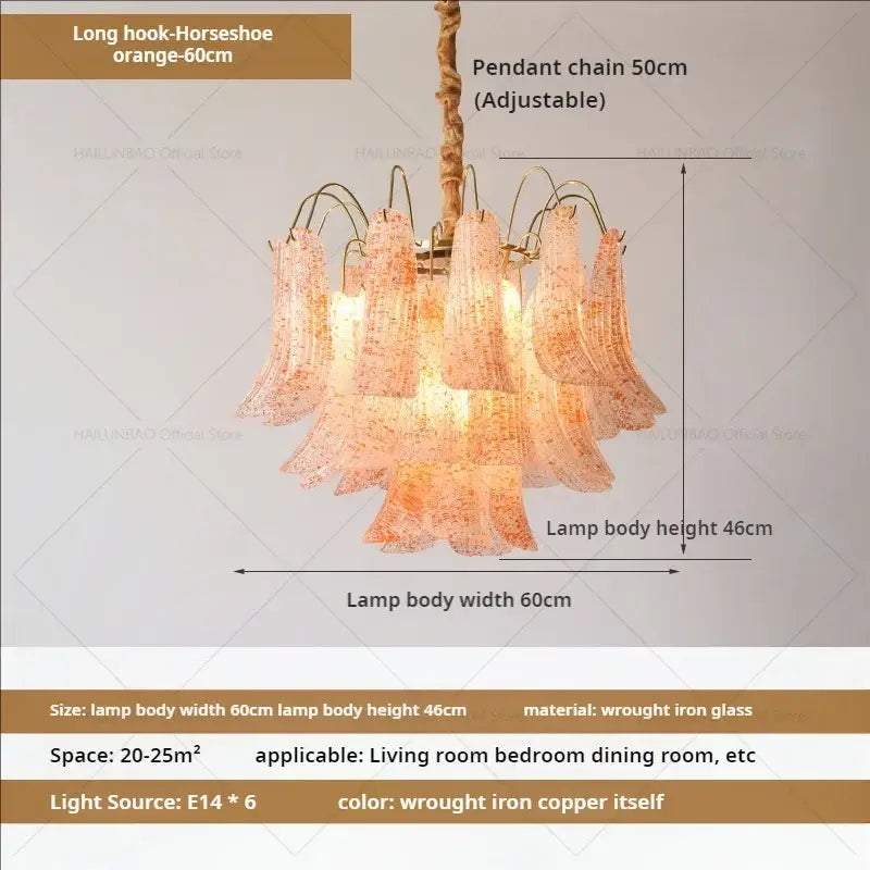 Orange glass decorbites crystal chandelier with wrought iron copper finish and adjustable pendant chain for living rooms