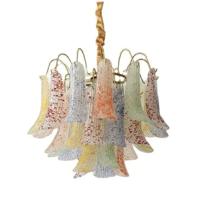 A decorbites crystal chandelier with pastel translucent glass shades and twisted gold chain for villa dining rooms