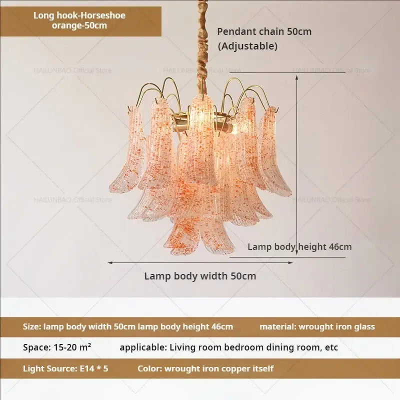 Orange glass decorbites crystal chandelier with wrought iron copper finish and adjustable pendant chain for living room