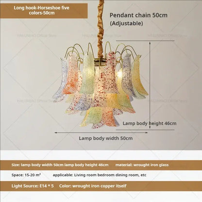 DecorBites crystal chandelier with multi-tiered translucent glass petals in orange yellow and green for living room