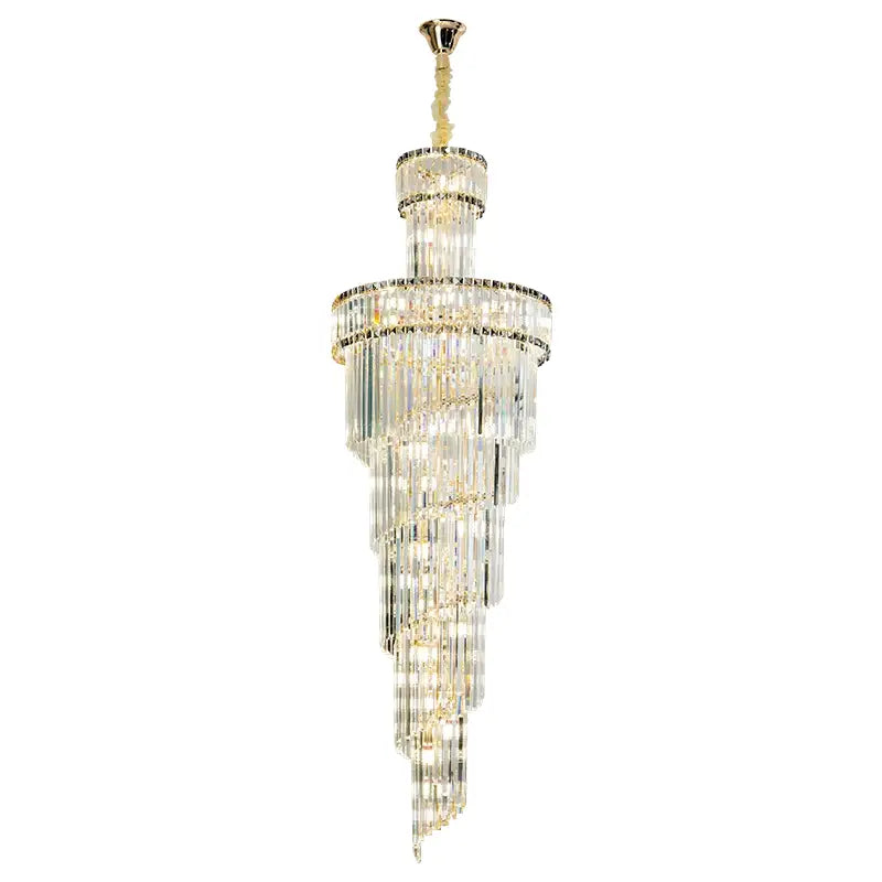 Elegant gold-toned DecorBites crystal chandelier with cascading clear crystal prisms and embedded lights for living spaces