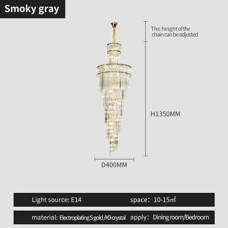 A decorbites crystal chandelier with smoky gray finish, gold electroplated frame, and clear k9 crystals for elegant rooms