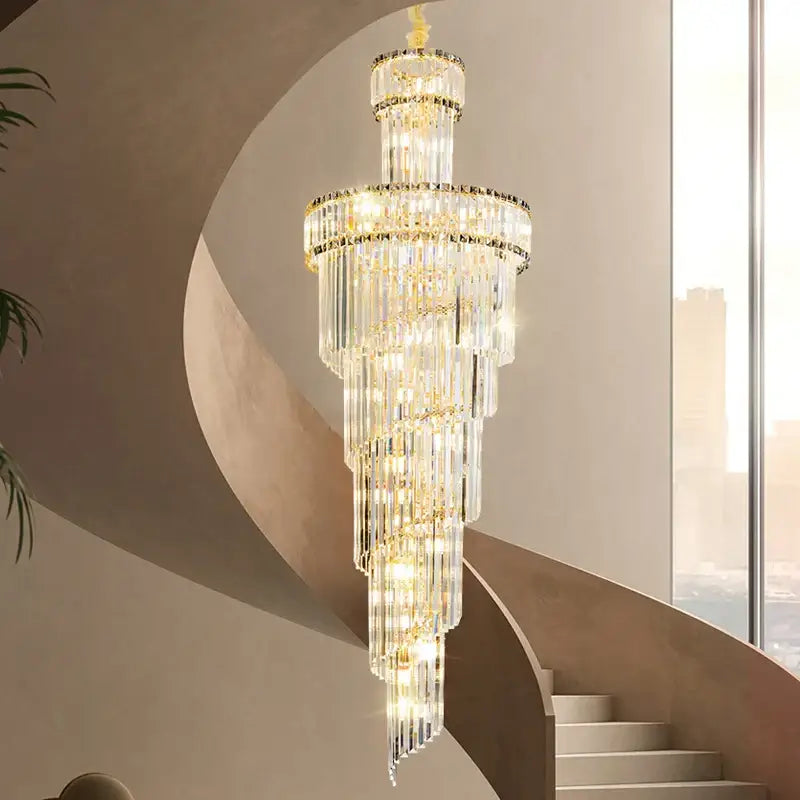 DecorBites crystal chandelier with gold-toned accents and cascading glass rods for dining room and living room