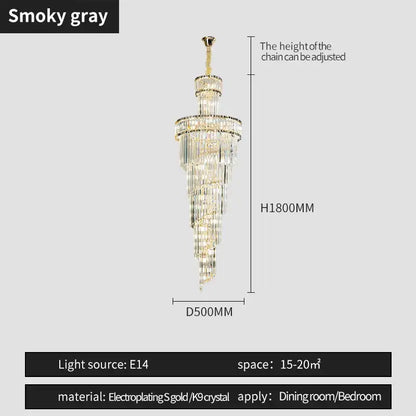 A multi-tiered smoky gray decorbites crystal chandelier with electroplated gold accents and adjustable height for elegant rooms