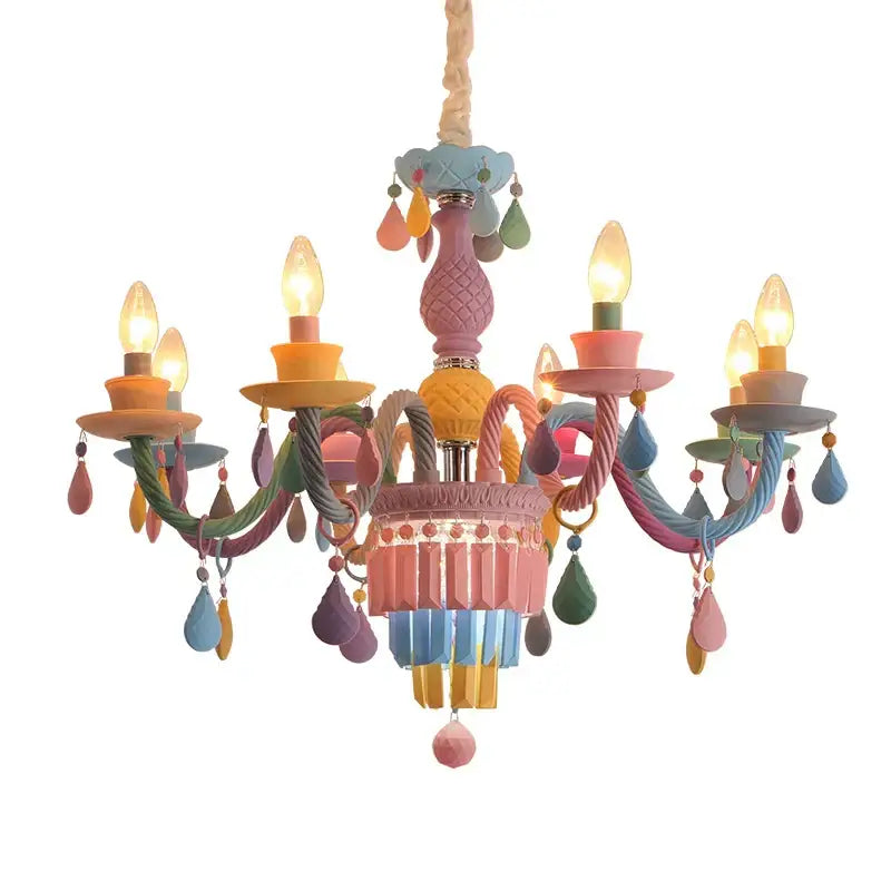 Pastel-colored decorbites crystal chandelier with painted ceramic and rope arms for princess room lighting