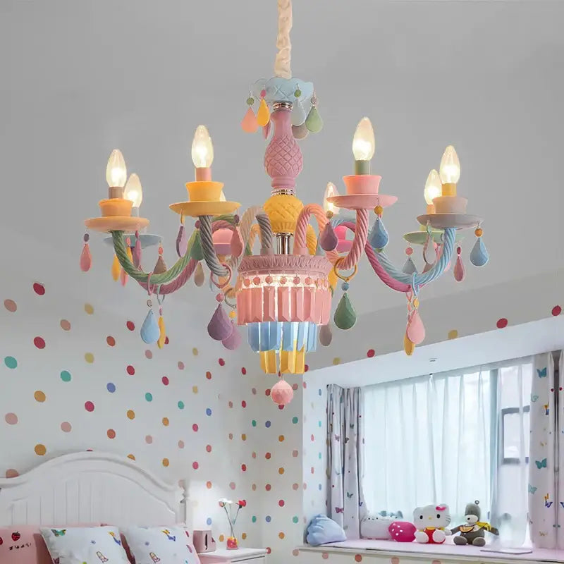 Pastel-colored decorbites crystal chandelier with pink yellow body and colorful twisted arms for girl baby bedroom lighting fixture