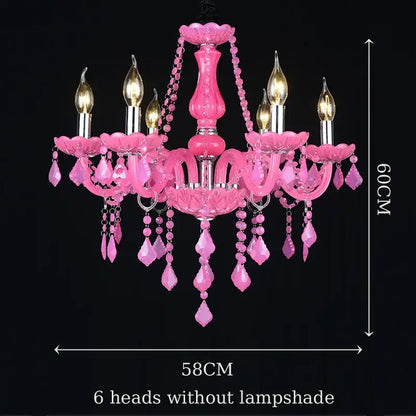 A vibrant pink decorbites crystal chandelier with six ornate arms and teardrop beads for wedding parlor and bedroom lighting