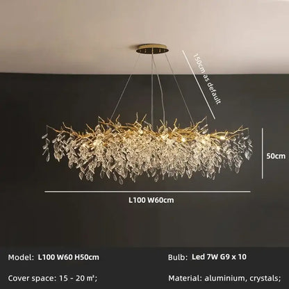 Gold-toned decorbites crystal chandelier with intricate aluminum branches and crystal leaves for dining room lighting