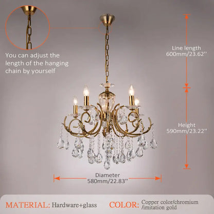Decorbites crystal chandelier featuring a five-light copper and chromium metal frame with dangling crystal droplets