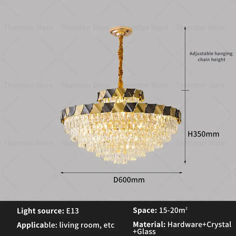 Gold-toned decorbites crystal chandelier with cascading crystal tiers and black-gold geometric accents for luxury lighting