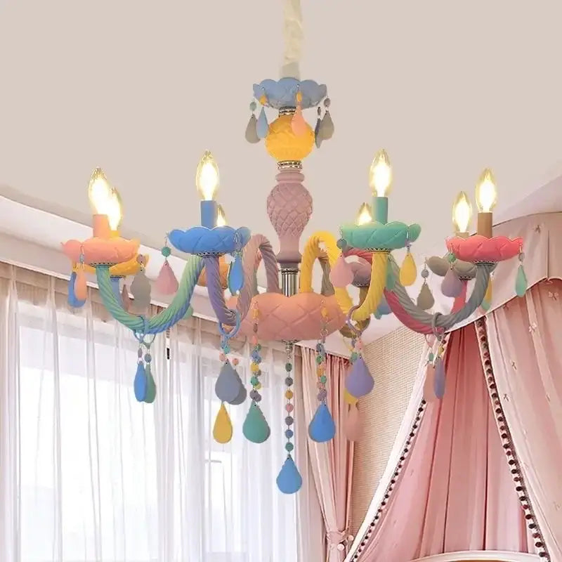 Pastel-colored decorbites crystal chandelier with painted ceramic arms and teardrop beads for kids bedroom lighting