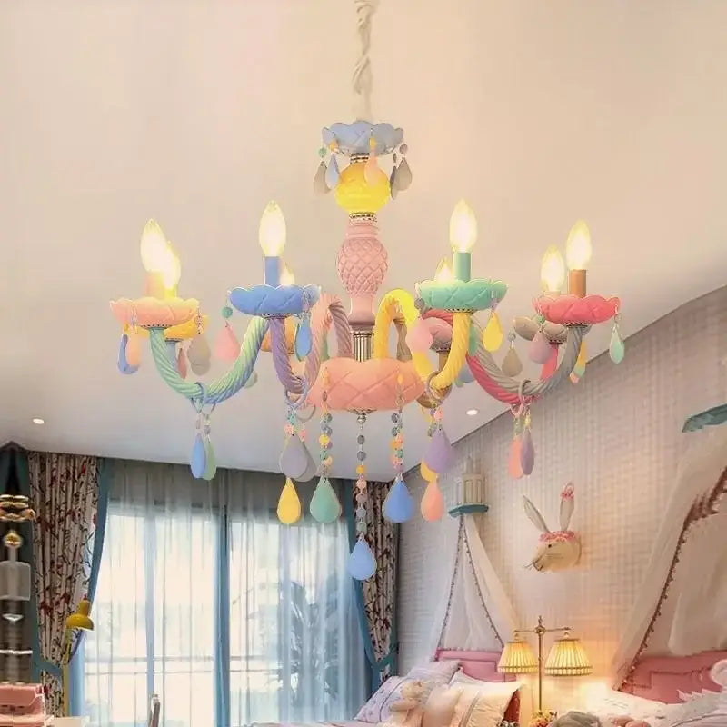 Pastel-colored decorbites crystal chandelier with candy-like arms and teardrop ornaments for kids bedroom lighting