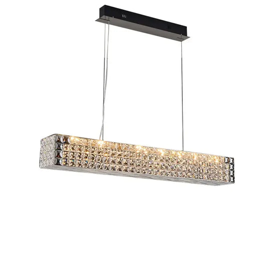 A modern decorbites crystal chandelier with clear crystal facets and chrome cords for ceiling dining room lighting