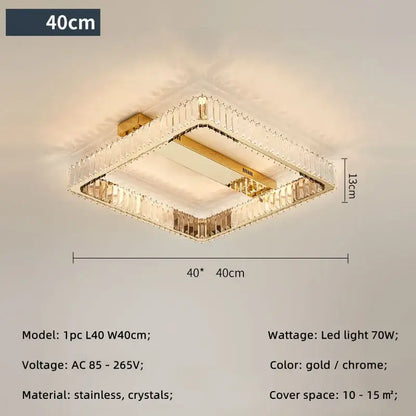 Square ceiling light fixture with gold chrome frame and clear crystals by DecorBites crystal chandelier led for bedroom