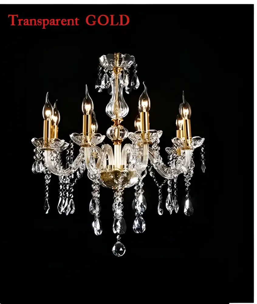 Transparent gold decorbites crystal chandelier with crystal droplets and candle-style bulbs for modern indoor decor