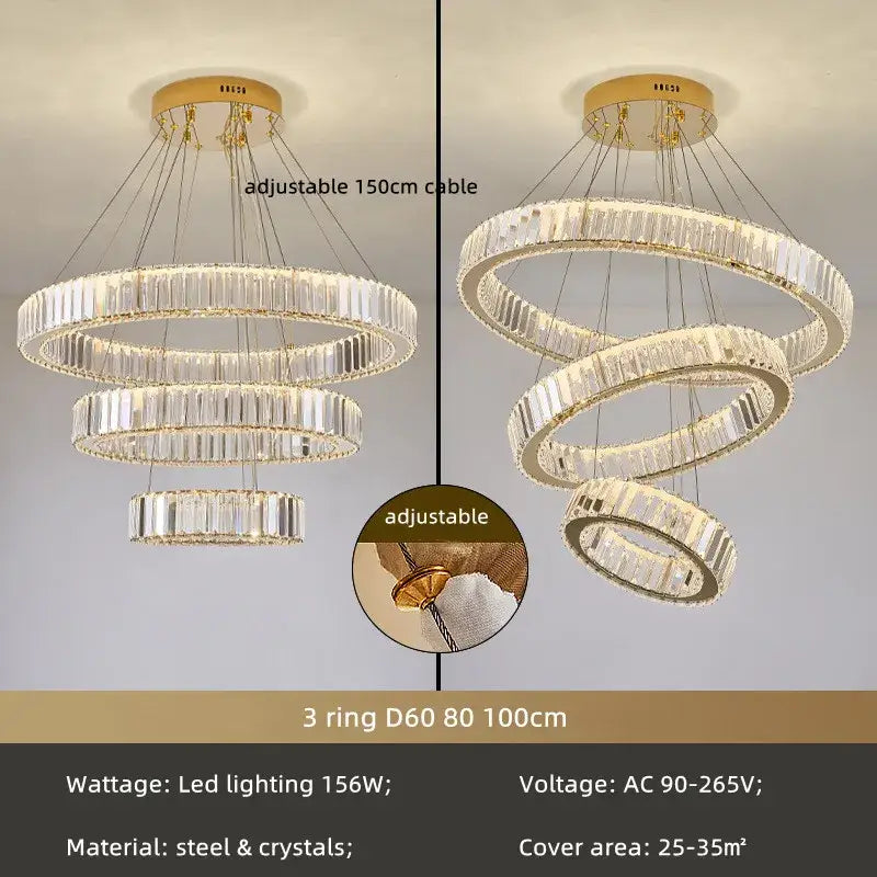 Modern decorbites crystal chandelier with three interlocking crystal rings and gold-toned ceiling mount for stairs lighting